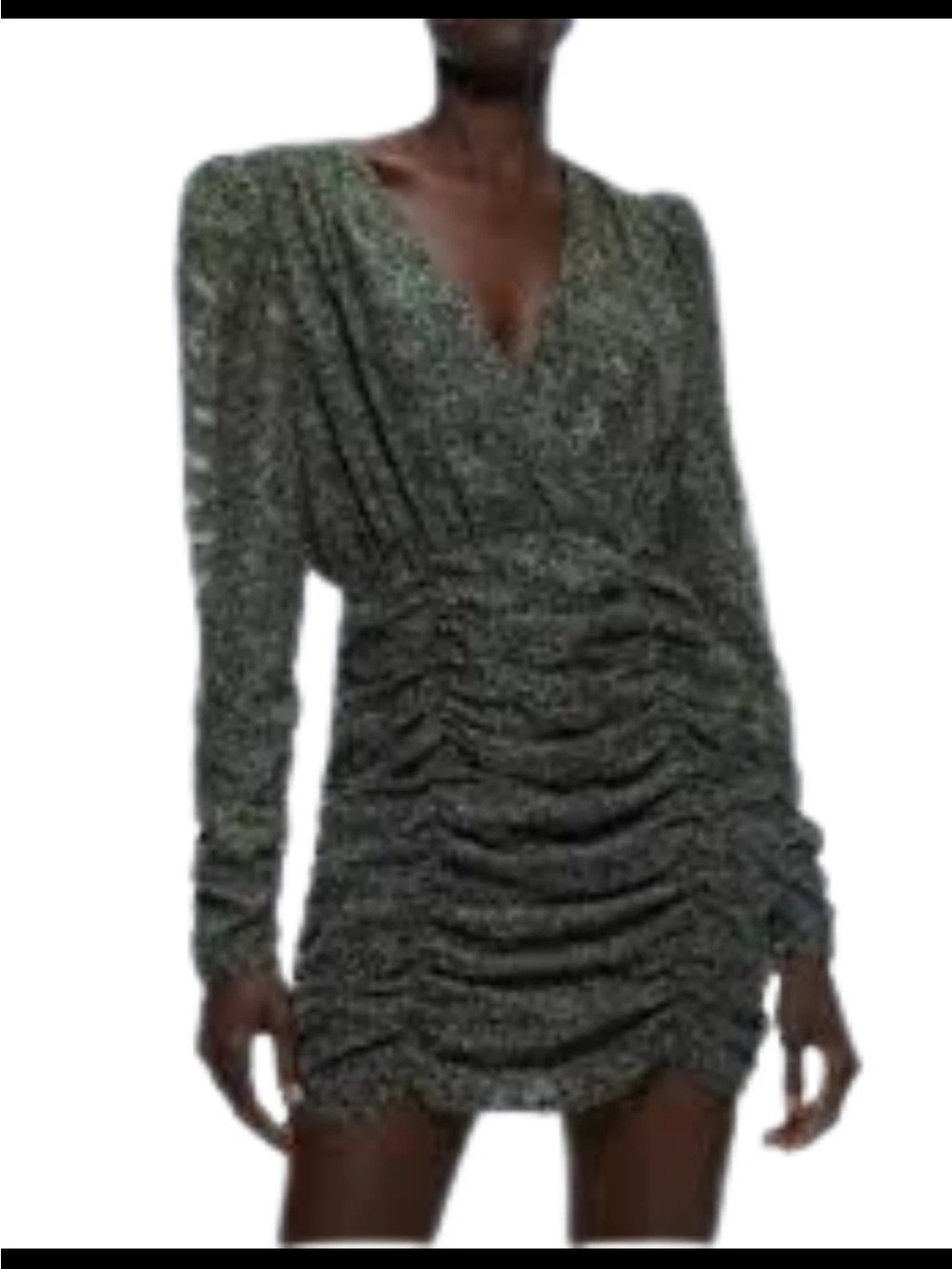 Zara Olive Green Ruched V-Neck Long-Sleeve Mini Dress
